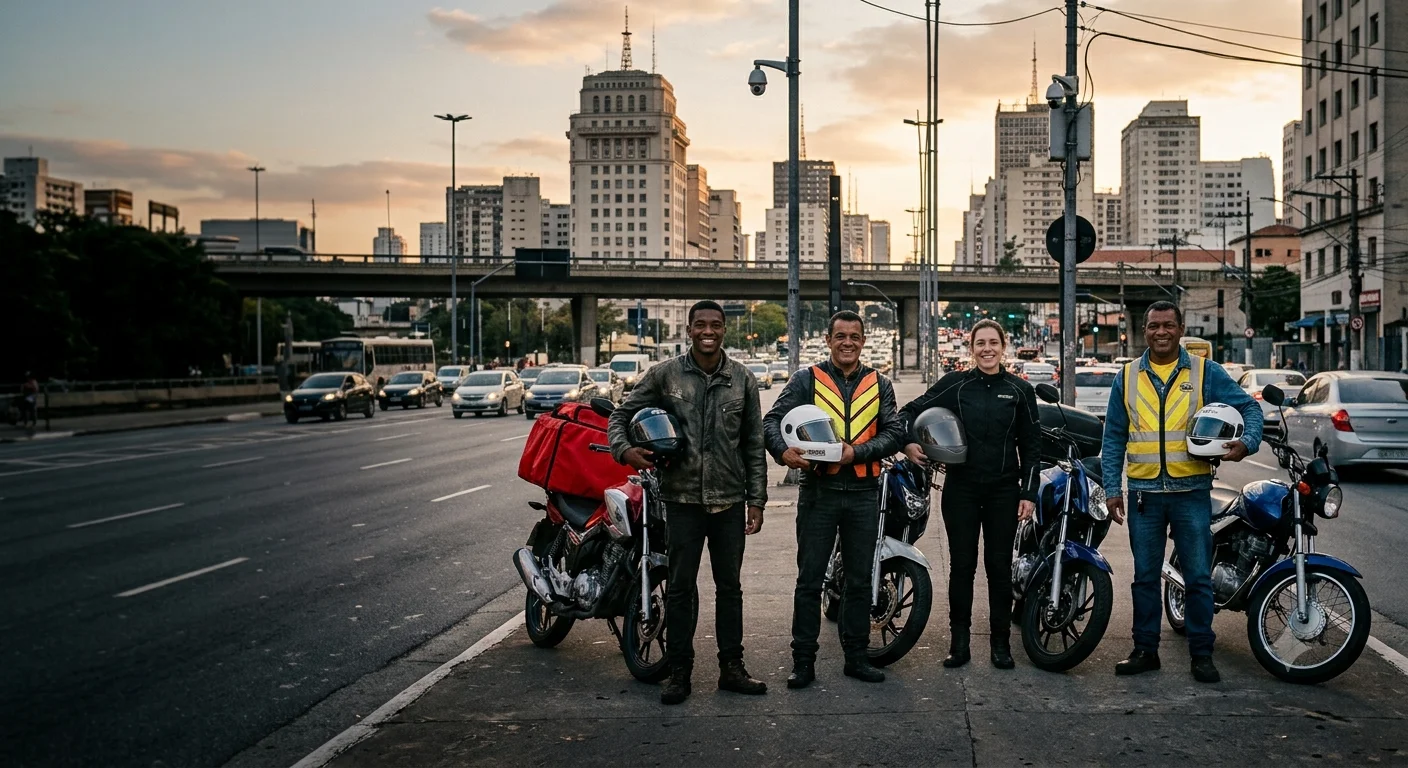 Motociclistas de São Paulo — entregador, motofretista e mototaxista — em pé com seus capacetes ao lado das motos, em uma avenida do centro ao fim da tarde