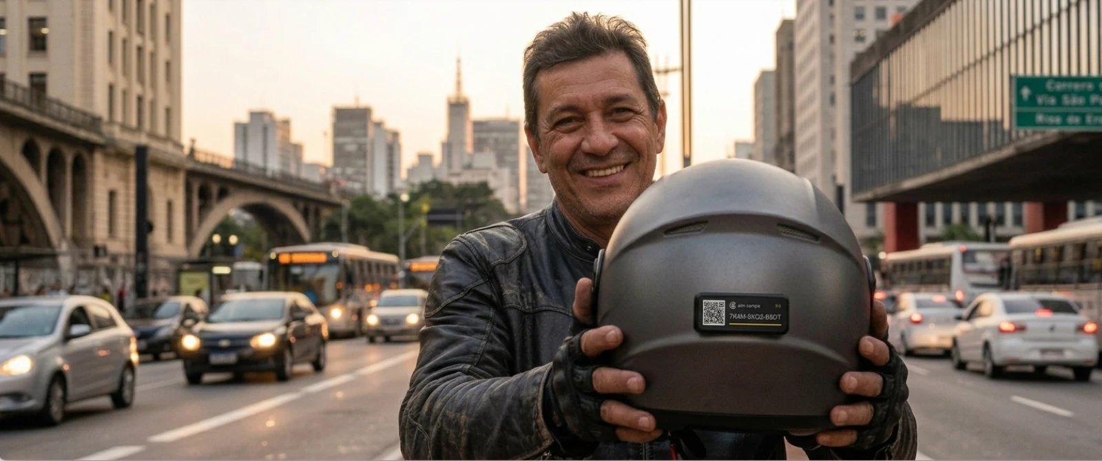 Motociclista no centro de São Paulo segurando o capacete voltado para a câmera, com a tag aplicada na traseira do casco